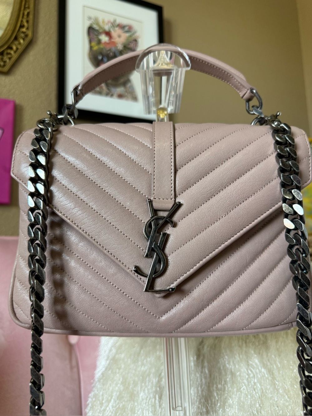 💯Auth YSL Yves Saint Laurent Pink LOULOU Leather BagCrossbody Gunmetal Hardware